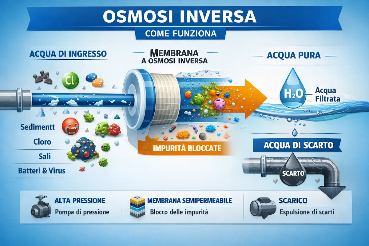Schema funzionamento osmosi inversa con membrana, impurità bloccate e acqua filtrata