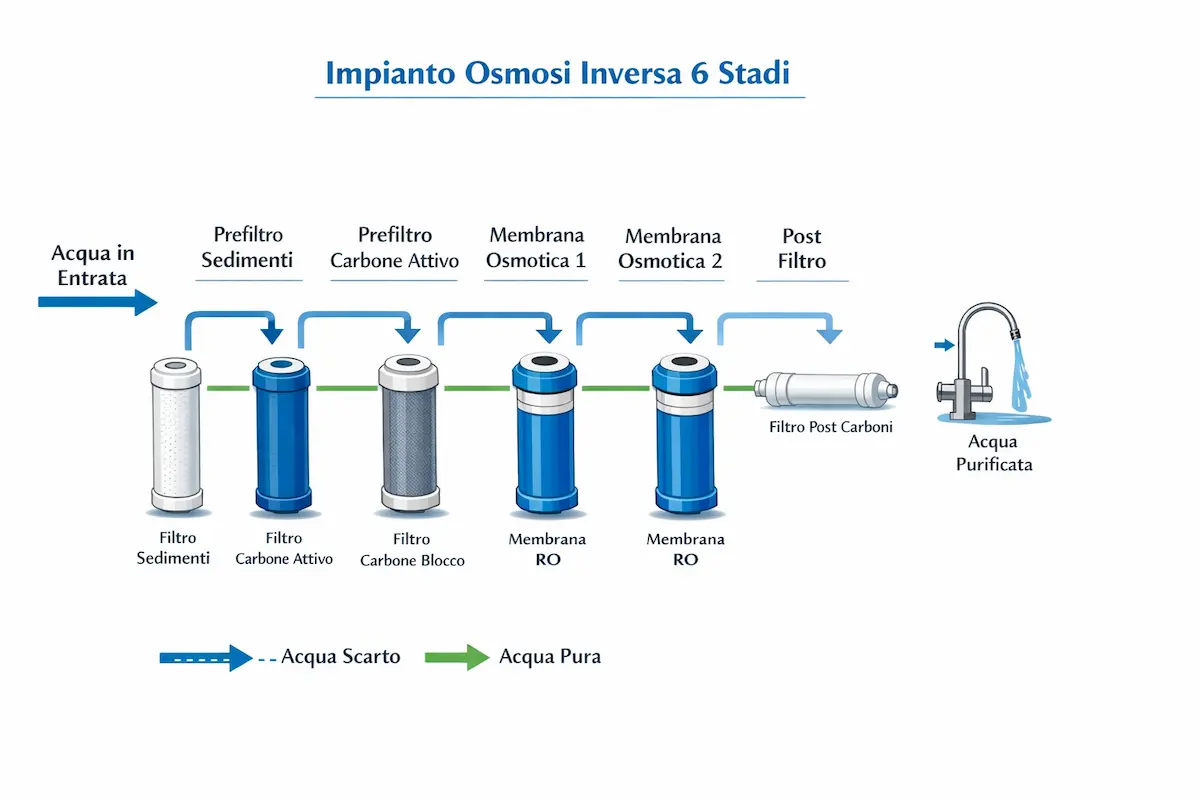Schema impianto osmosi inversa 6 stadi con prefiltri, doppia membrana e post filtro