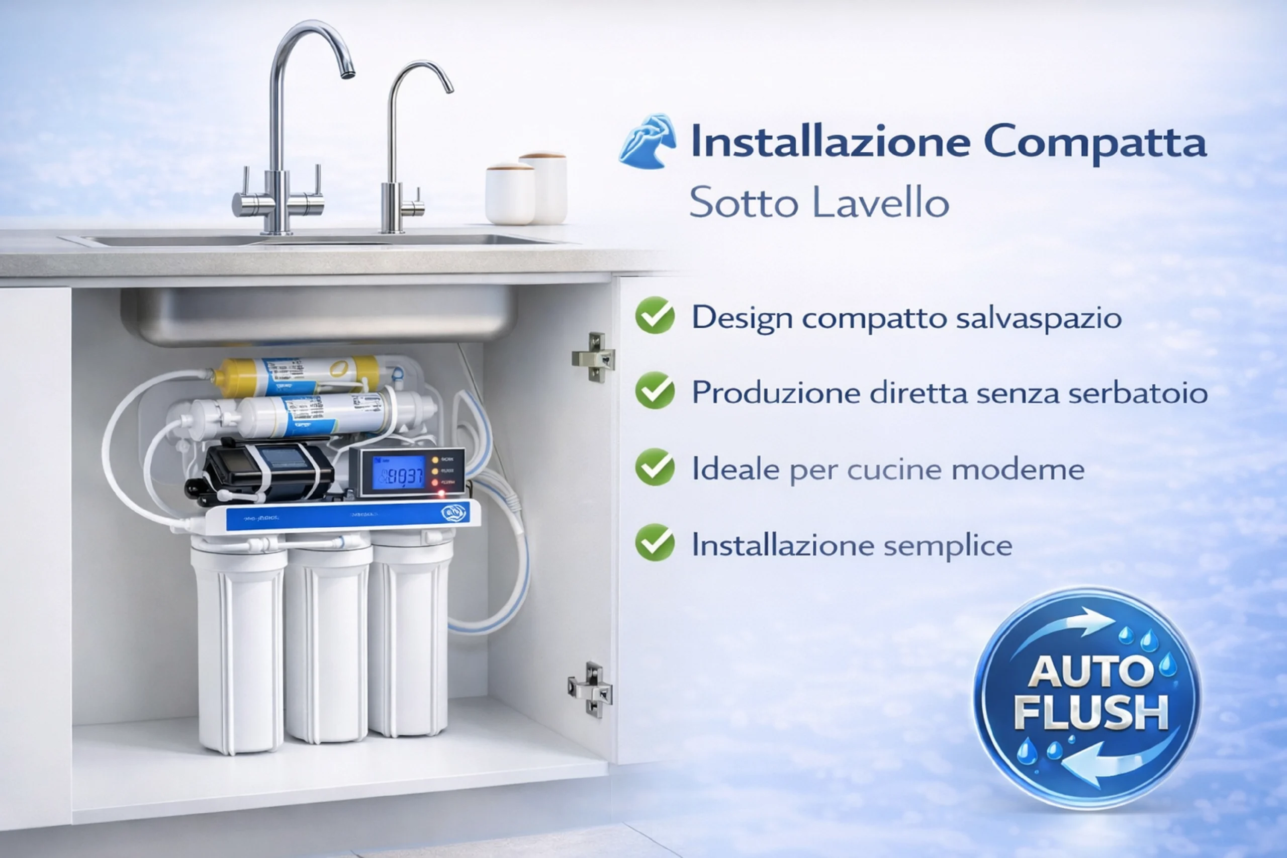 Depuratore acqua osmosi inversa installato sotto lavello cucina
