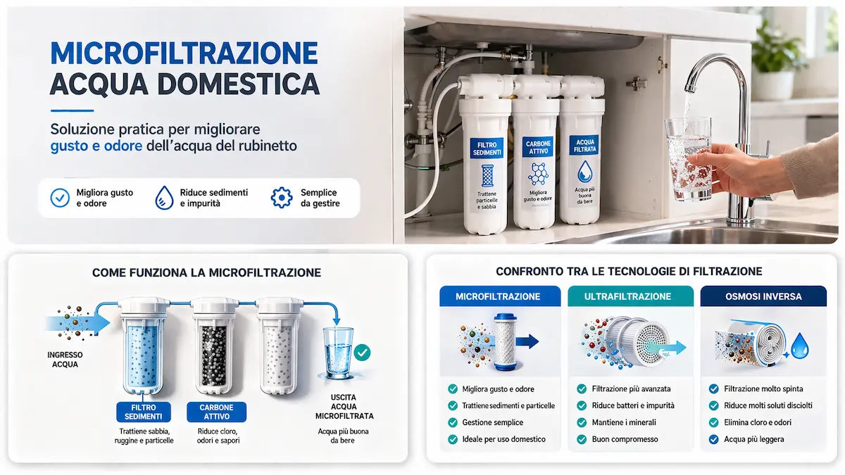 Impianto di microfiltrazione acqua domestica sotto lavello per migliorare gusto e odore dell’acqua