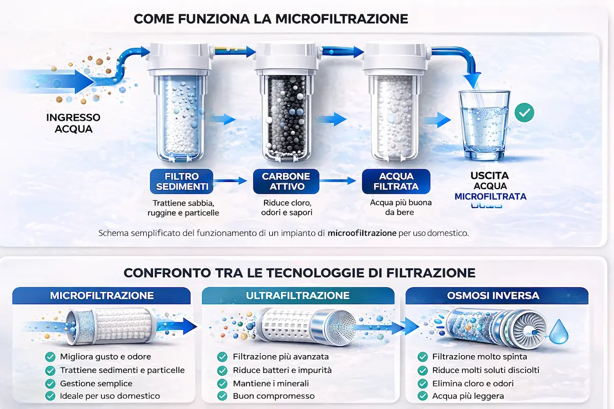 Schema di funzionamento della microfiltrazione acqua con filtro sedimenti carbone attivo e uscita acqua filtrata